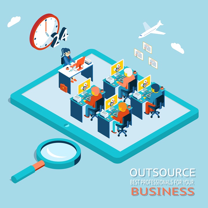 Outsourcing the best professionals for business advice, counseling. Global Work Marketplace in web. Office with people working at the computer